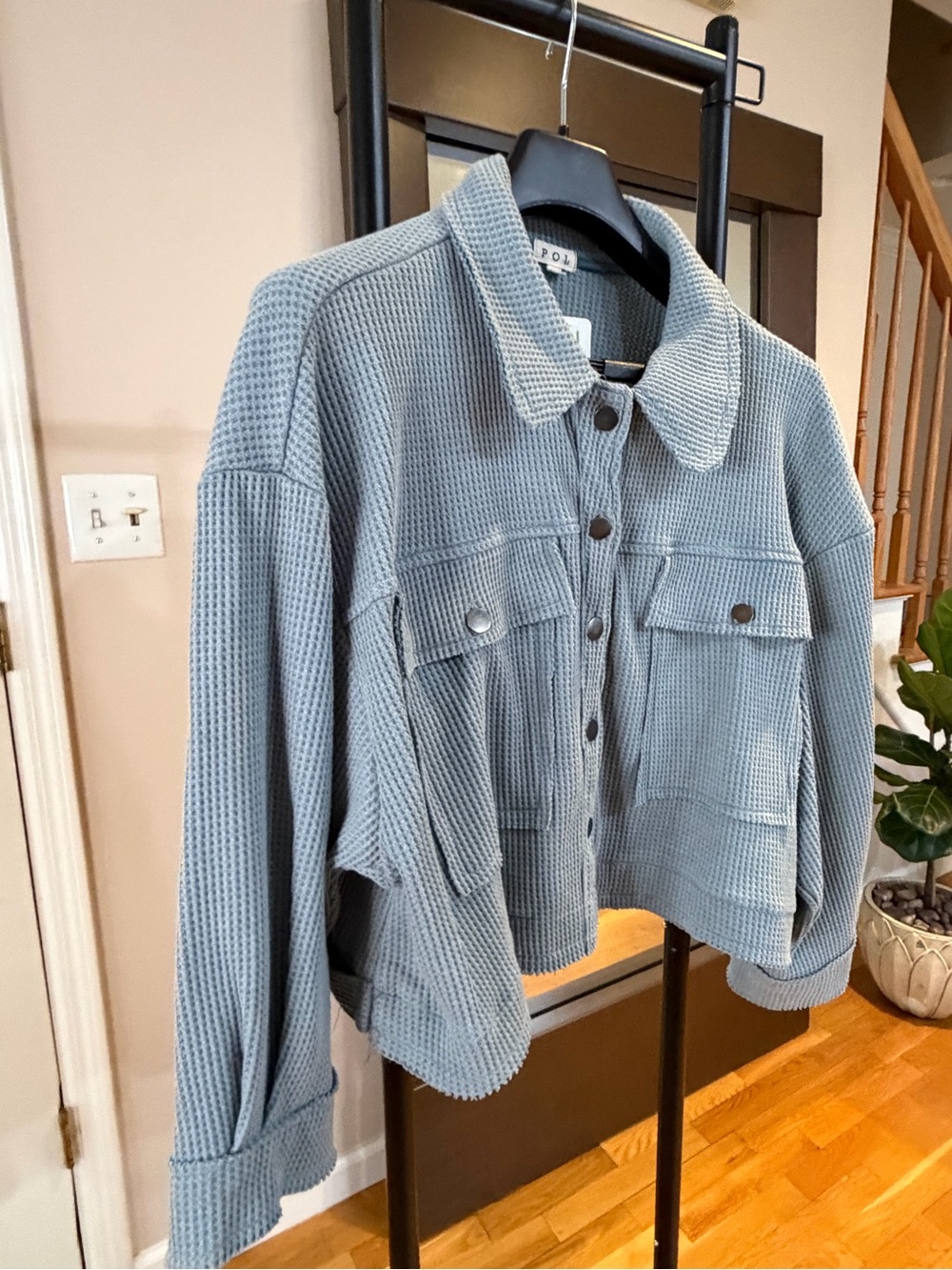 POL Women's Waffle Knit Overshirt Jacket - Light Blue - Picture 4 of 7
